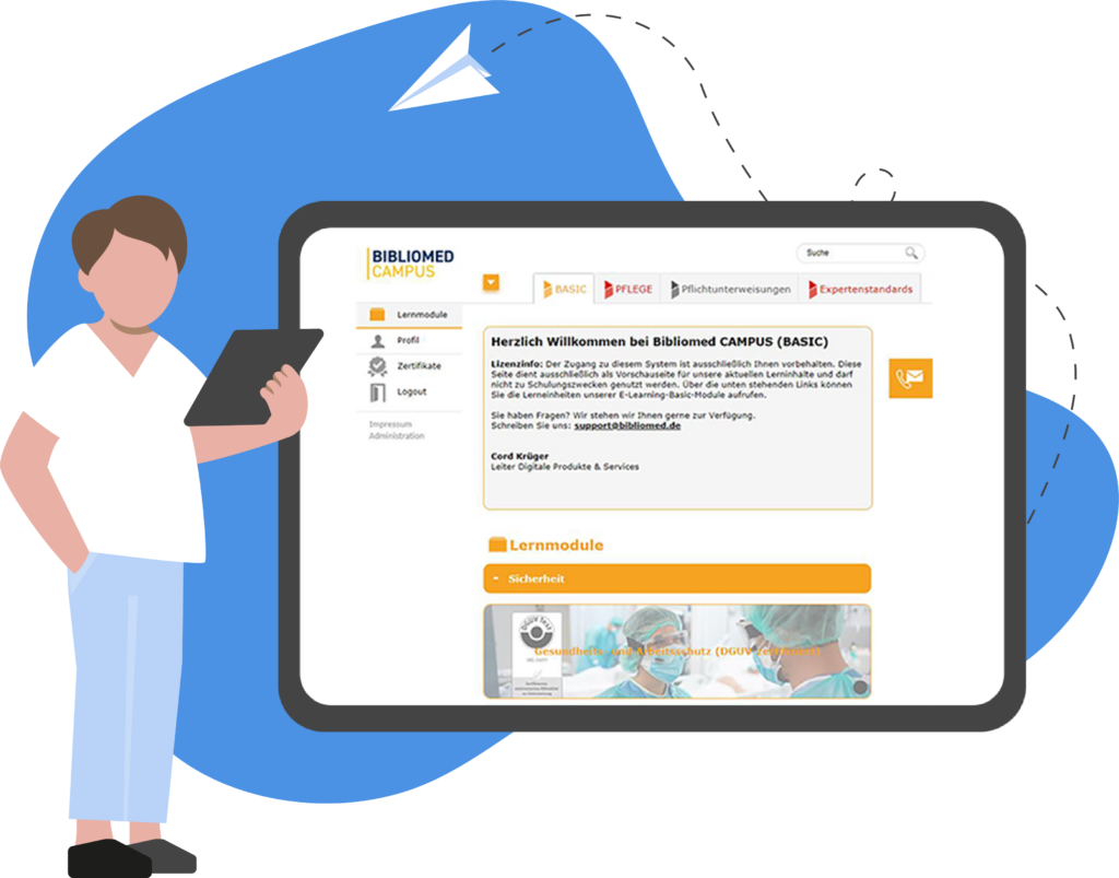 Illustration einer Pflegeperson mit Tablet und einer Ansicht des CAMPUS-LMS im Hintergrund.